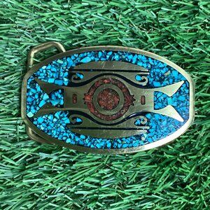 Vintage BTS Belt Buckle Solid Brass Turquoise and Red Stone Inlay